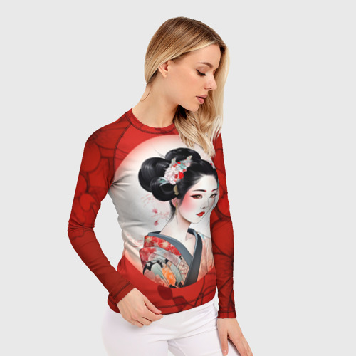 Женский рашгард 3D с принтом Гейша на красном фоне, фото на моделе #1