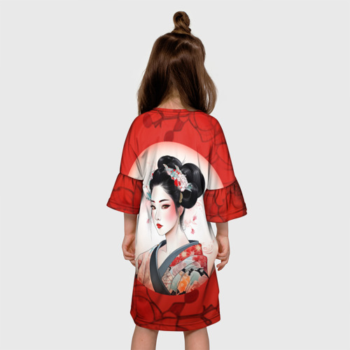 Детское платье 3D с принтом Гейша на красном фоне, вид сзади #2