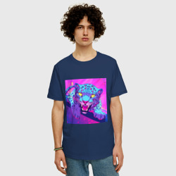 Мужская футболка хлопок Oversize Ягуар в свете неона - фото 2