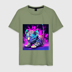 Мужская футболка хлопок Детеныш ягуара в неоновом свете