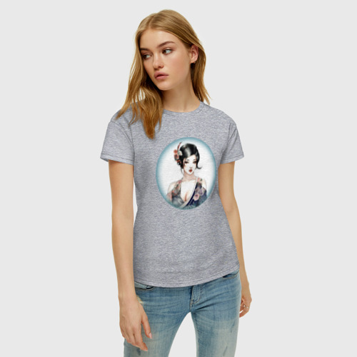 Женская футболка хлопок Гейша в круге, цвет меланж - фото 3