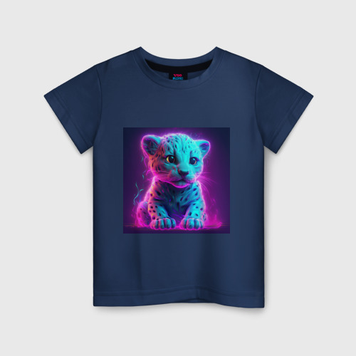 Детская футболка хлопок с принтом Милый ягуар в неоне, вид спереди #2
