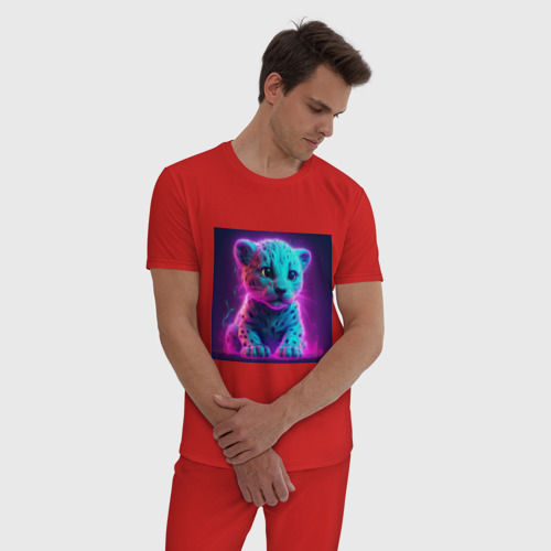 Мужская пижама хлопок с принтом Милый ягуар в неоне, фото на моделе #1