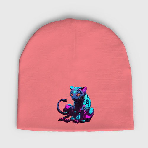 Женская шапка демисезонная Кибер-ягуар в неоновом свете, цвет розовый