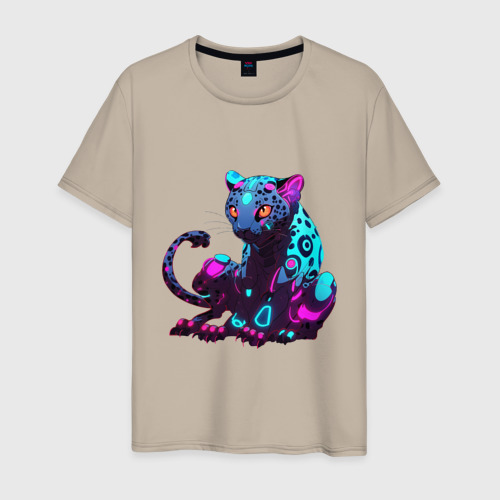 Мужская футболка хлопок Кибер-ягуар в неоновом свете, цвет миндальный