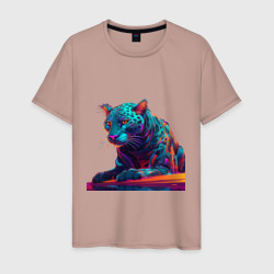 Ягуар в неоновых лучах – Мужская футболка хлопок с принтом купить со скидкой в -20%