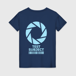 Светящаяся футболка с принтом Test subject Portal для любого человека, вид сзади №1. Цвет основы: темно-синий