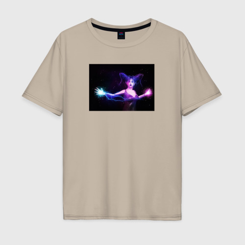 Мужская футболка хлопок Oversize с принтом Женщина ведьма с голубыми и розовыми молниями, вид спереди #2