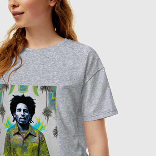 Женская футболка хлопок Oversize Арт граффити Боб Марли в ямайской рубашке, цвет меланж - фото 3