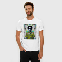 Футболка из премиального хлопка с принтом Арт граффити Боб Марли в ямайской рубашке для мужчины, вид на модели спереди №2. Цвет основы: белый