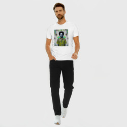 Футболка из премиального хлопка с принтом Арт граффити Боб Марли в ямайской рубашке для мужчины, вид на модели спереди №3. Цвет основы: белый