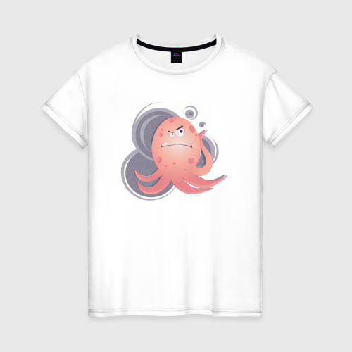 Женская футболка из хлопка с принтом Сердитая осьминожка, вид спереди №1
