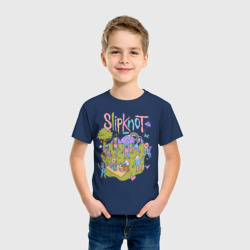 Светящаяся футболка с принтом Slipknot kindergarten для любого человека, вид спереди №2. Цвет основы: темно-синий