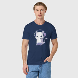 Светящаяся футболка с принтом Кот геймер для любого человека, вид спереди №2. Цвет основы: темно-синий