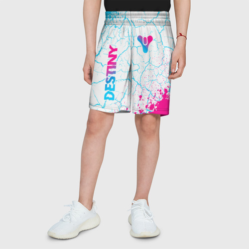 Детские спортивные шорты 3D с принтом Destiny neon gradient style: надпись, символ, вид сбоку #3