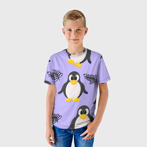 Детская футболка 3D с принтом Пингвин и веточка, фото на моделе #1