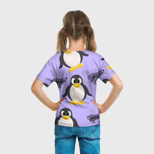 Детская футболка 3D с принтом Пингвин и веточка, вид сзади #2