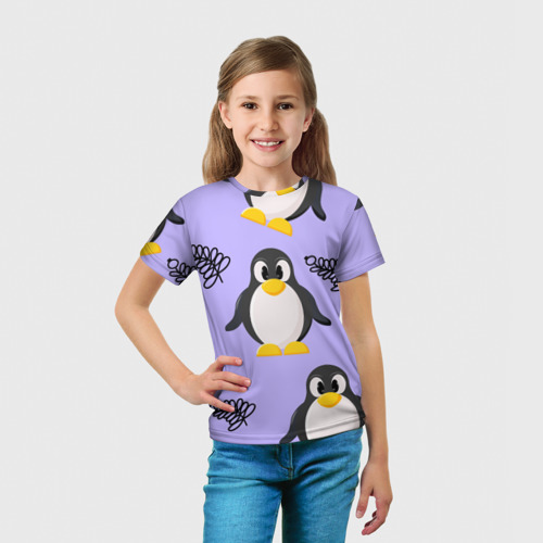 Детская футболка 3D с принтом Пингвин и веточка, вид сбоку #3