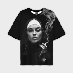 Мужская футболка oversize 3D Красивая монашка с сигаретой