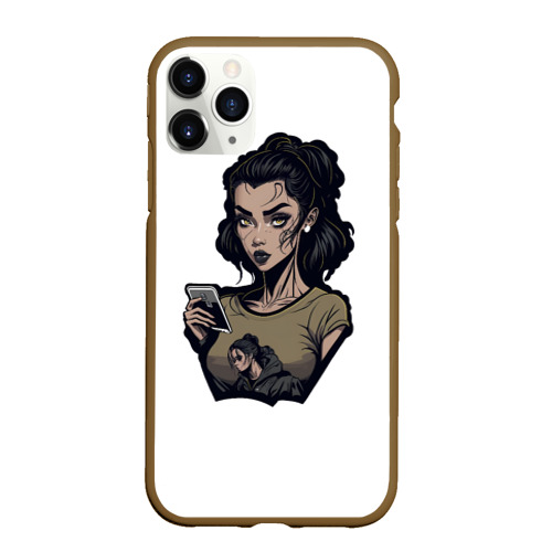 Чехол для iPhone 11 Pro Max матовый Девушка с телефоном, цвет коричневый