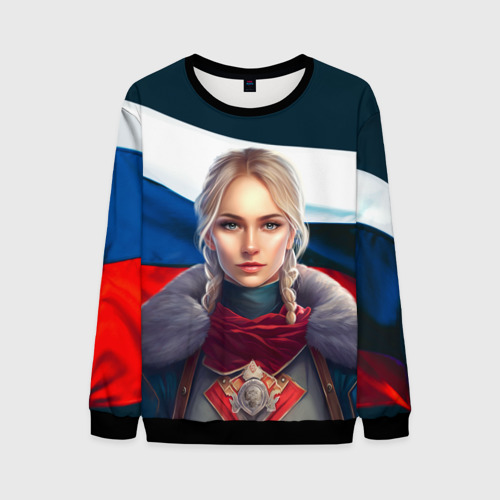 Мужской свитшот 3D Славянская девушка - флаг России, цвет черный