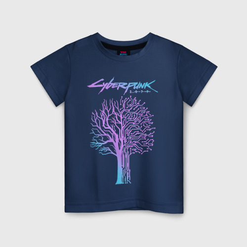 Светящаяся детская футболка с принтом Дерево - Киберпанк 2077, вид спереди №1