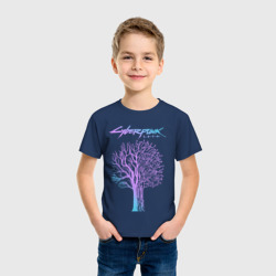 Светящаяся футболка с принтом Дерево - Киберпанк 2077 для любого человека, вид спереди №2. Цвет основы: темно-синий