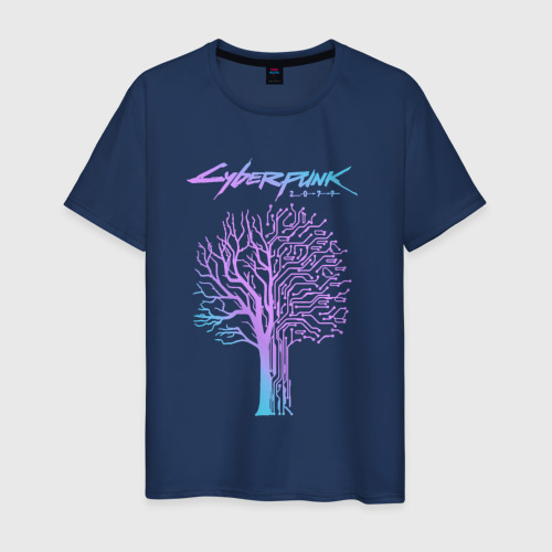 Светящаяся мужская футболка с принтом Дерево - Киберпанк 2077, вид спереди №1
