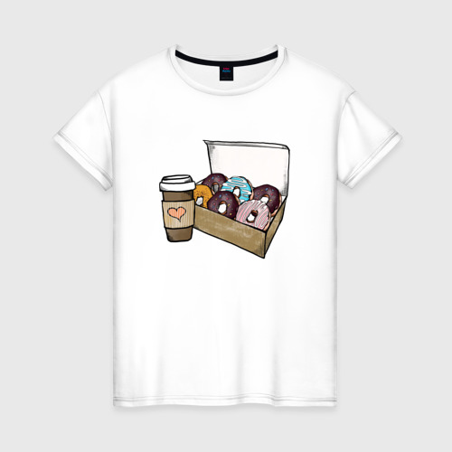 Женская футболка из хлопка с принтом Кофе и пончики, вид спереди №1