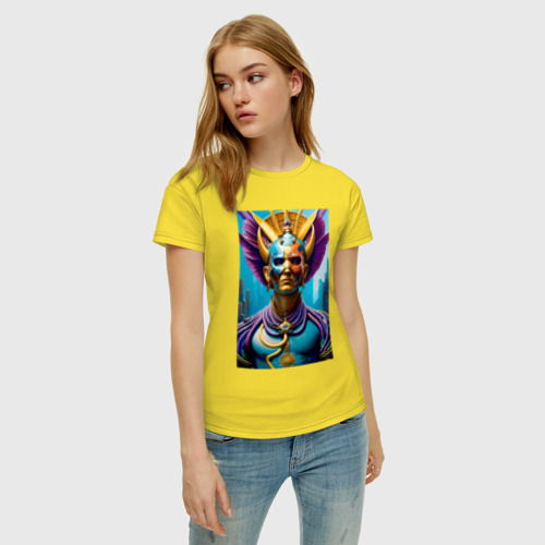 Женская футболка хлопок с принтом Young demon Oni in New York - neural network, фото на моделе #1