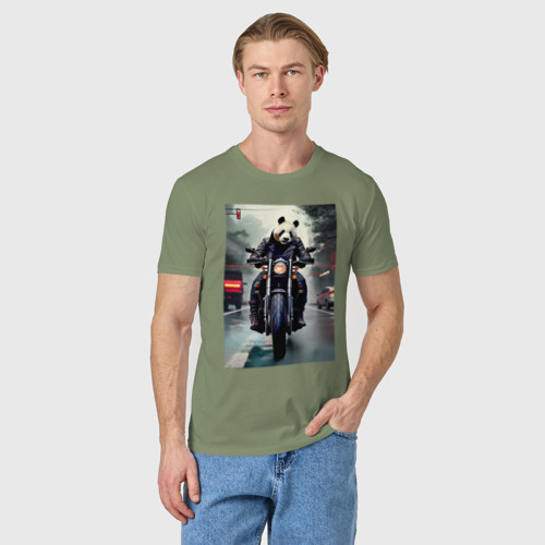Мужская футболка хлопок с принтом Panda - cool biker - neural network, фото на моделе #1