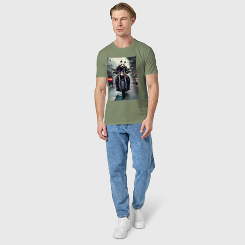 Мужская футболка хлопок с принтом Panda - cool biker - neural network, вид сбоку #3