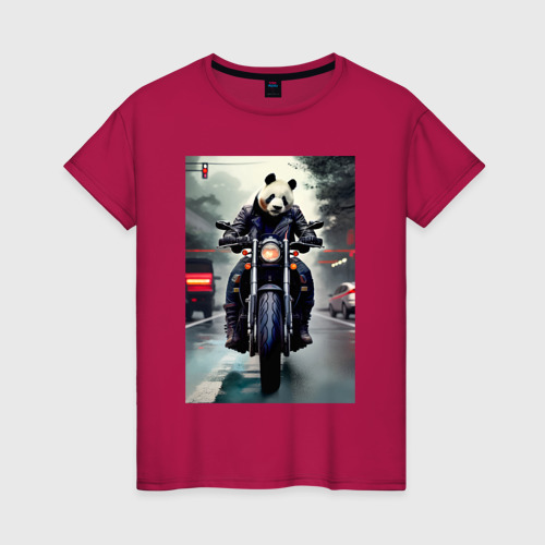 Женская футболка хлопок с принтом Panda - cool biker - neural network, вид спереди #2