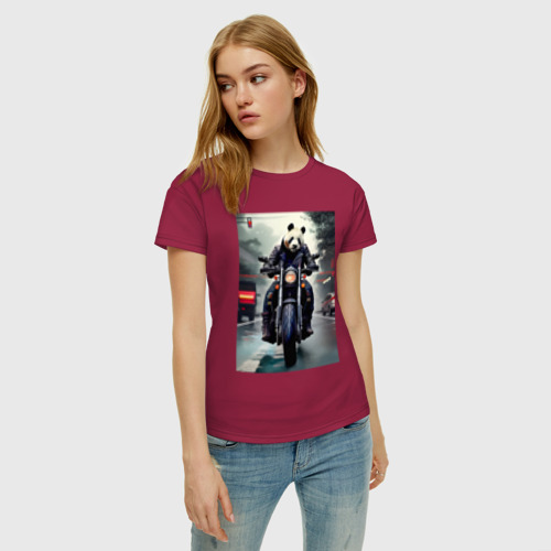 Женская футболка хлопок с принтом Panda - cool biker - neural network, фото на моделе #1