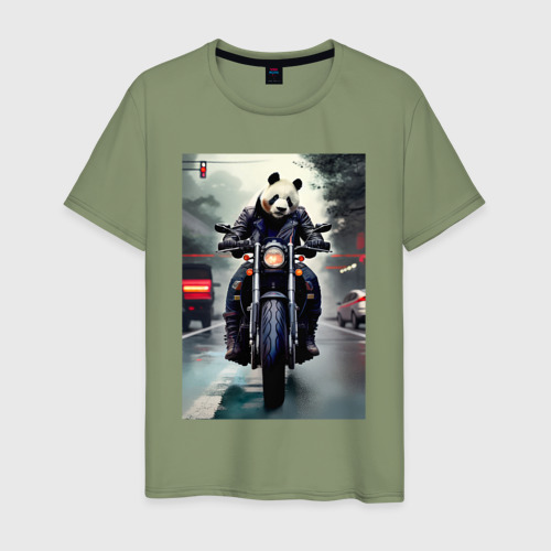 Мужская футболка хлопок с принтом Panda - cool biker - neural network, вид спереди #2