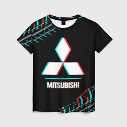Женская футболка 3D Значок Mitsubishi в стиле glitch на темном фоне