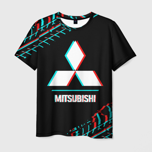 Мужская футболка с принтом Значок Mitsubishi в стиле glitch на темном фоне, вид спереди №1