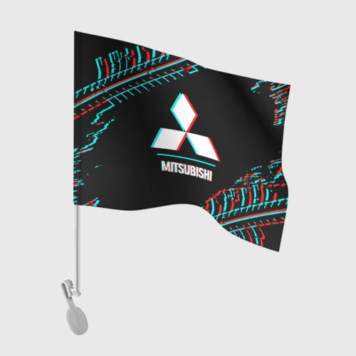 Флаг для автомобиля Значок Mitsubishi в стиле glitch на темном фоне