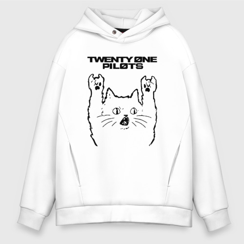 Мужское худи Oversize хлопок Twenty One Pilots - rock cat, цвет белый