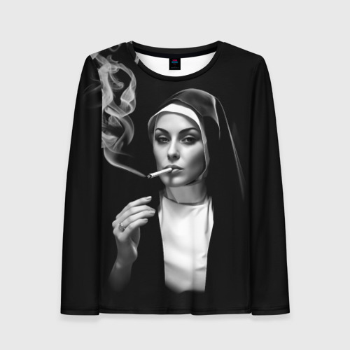 Женский лонгслив 3D с принтом Красивая монашка дымит сигаретой, вид спереди #2
