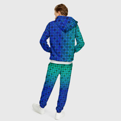 Костюм с принтом Сине-зеленый геометрический узор для мужчины, вид на модели сзади №2. Цвет основы: белый