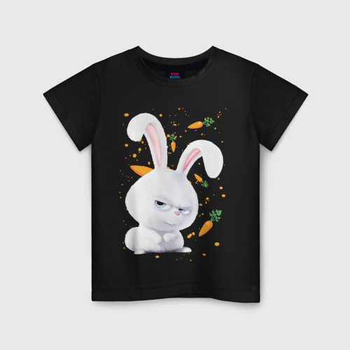 Светящаяся детская футболка с принтом Кролик Снежок и морковки, вид спереди №1