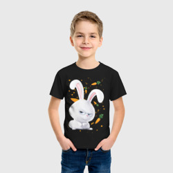 Светящаяся футболка с принтом Кролик Снежок и морковки для любого человека, вид спереди №2. Цвет основы: черный