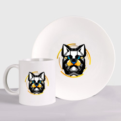 Набор: тарелка + кружка Серьезная собака абстракция
