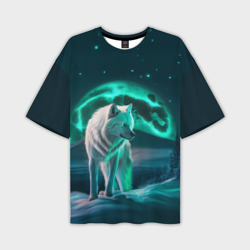 Мужская футболка oversize 3D Белый волк в зимнем лесу - нейросеть