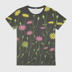 Женская футболка 3D Полевые цветочки на темном фоне