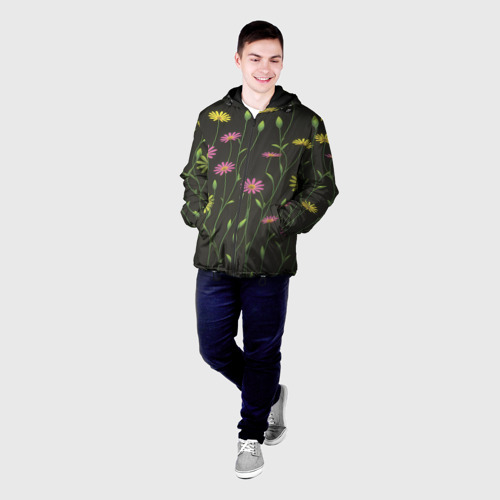 Мужская куртка 3D с принтом Полевые цветочки на темном фоне, фото на моделе #1