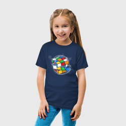 Футболка с принтом Кубик Рубика и математика для ребенка, вид на модели спереди №3. Цвет основы: темно-синий