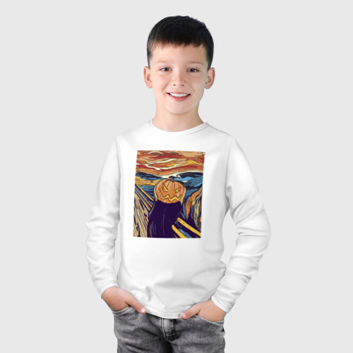 Детский лонгслив хлопок с принтом Тыква мем, фото на моделе #1