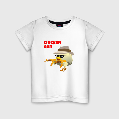 Детская футболка из хлопка с принтом Цыпленок с автоматами, вид спереди №1